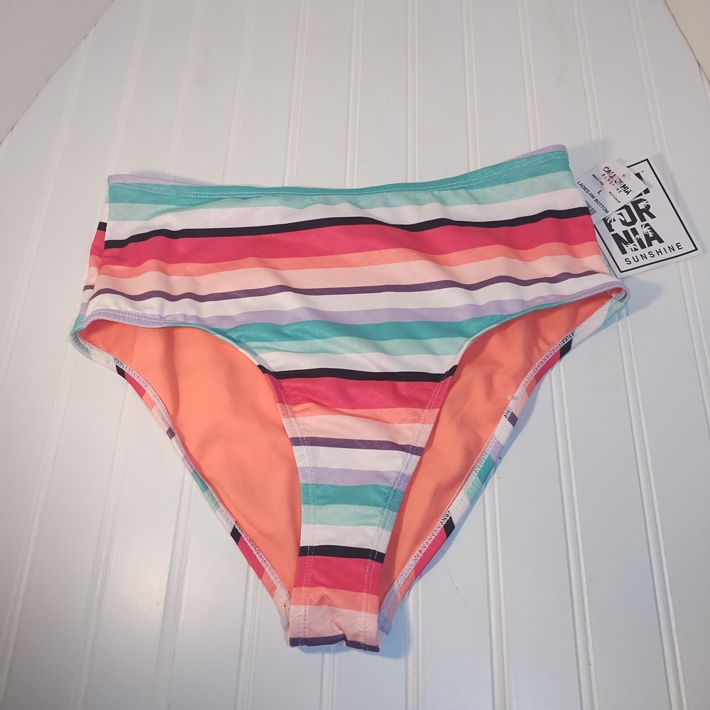 California Sunshine Womens High Waisted Striped Bikini Bottoms Multicolor Large
